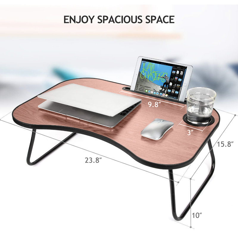 Support portable pour ordinateur portable en bois, pliable avec rainure pour tasse et surface lisse, adapté aux adultes dans différents contextes. Surface en bois rainurée, idéale pour travailler ou faire ses devoirs.