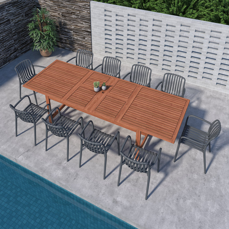 Amazonia 11Pc Juleriaque FSC Wood And Resin Outdoor Patio Extendable Dining Set, Gray