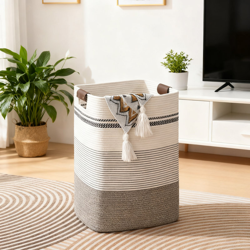Large Capacity Laundry Hamper With Leather Handles, Foldable Cotton Woven Storage Basket For Bedroom, Living Room, And Nursery Organization