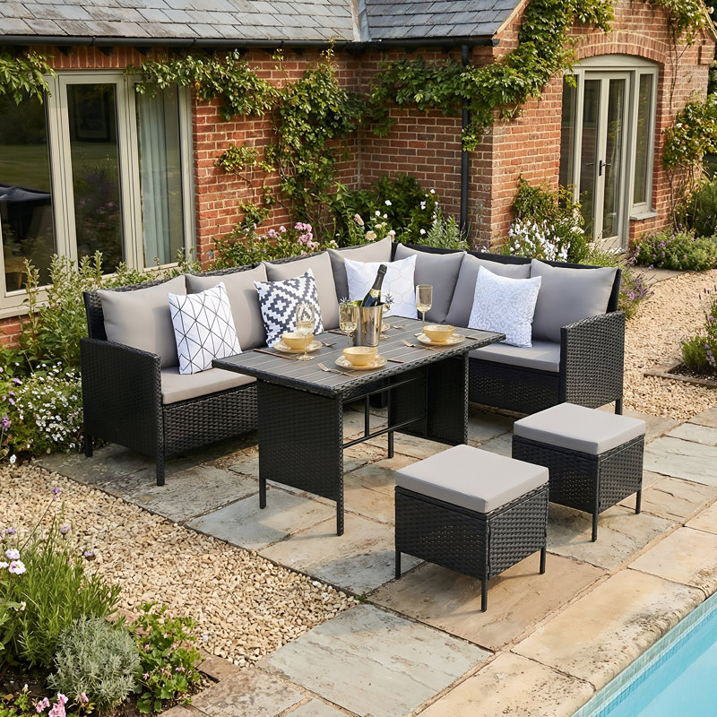 Wicker 7 - Person Garden Lounge Set with Cushions, Black, Grey