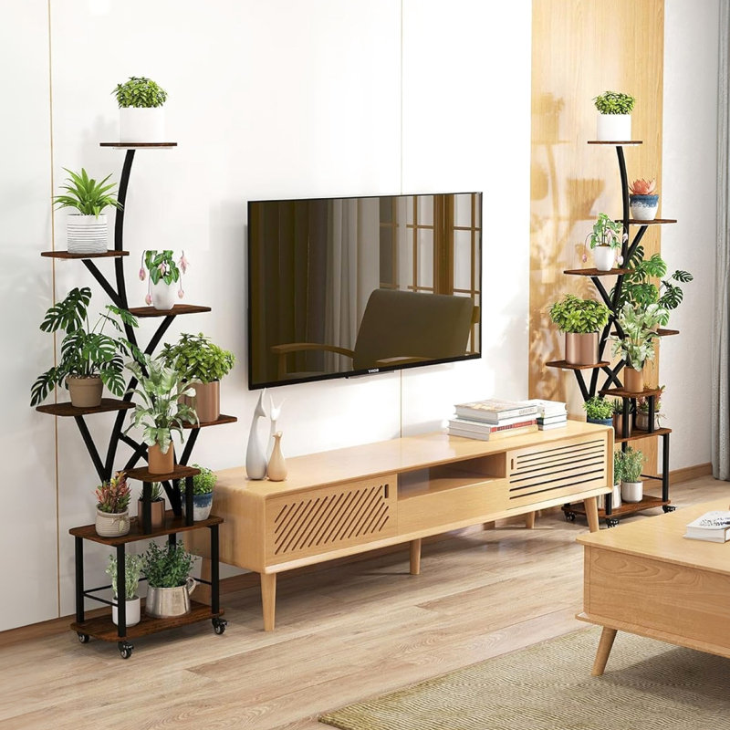 Support pour plante d'intérieur à 8 niveaux avec culture, grande tablette en métal pour plusieurs plantes dans les zones, noyer discret + design moderne noir