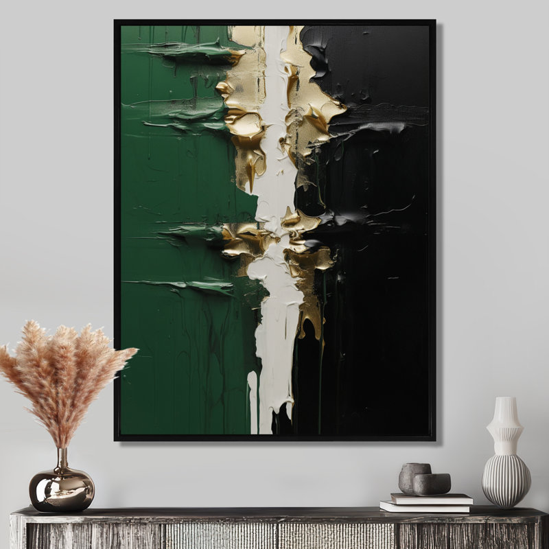 Encre dorée et encre noire II - peinture abstraite, art mural, Cadre flottant noir, H 20 po x l 12 po x P 1 po