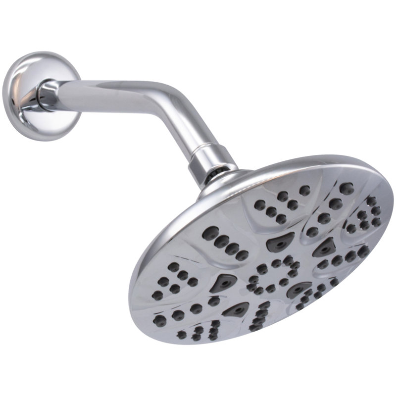 6" Round Thin 6-Function Adjustable Spray Shower Head with 8" Wall Mount Arm, Polished Chrome