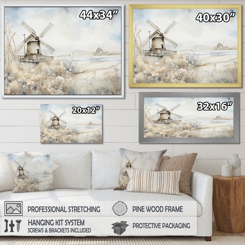 Nostalgic Windmill In Winter - Wind Turbines, art mural, H 24 po x l 32 po x P 1 po, Cadre de coin blanc fermé