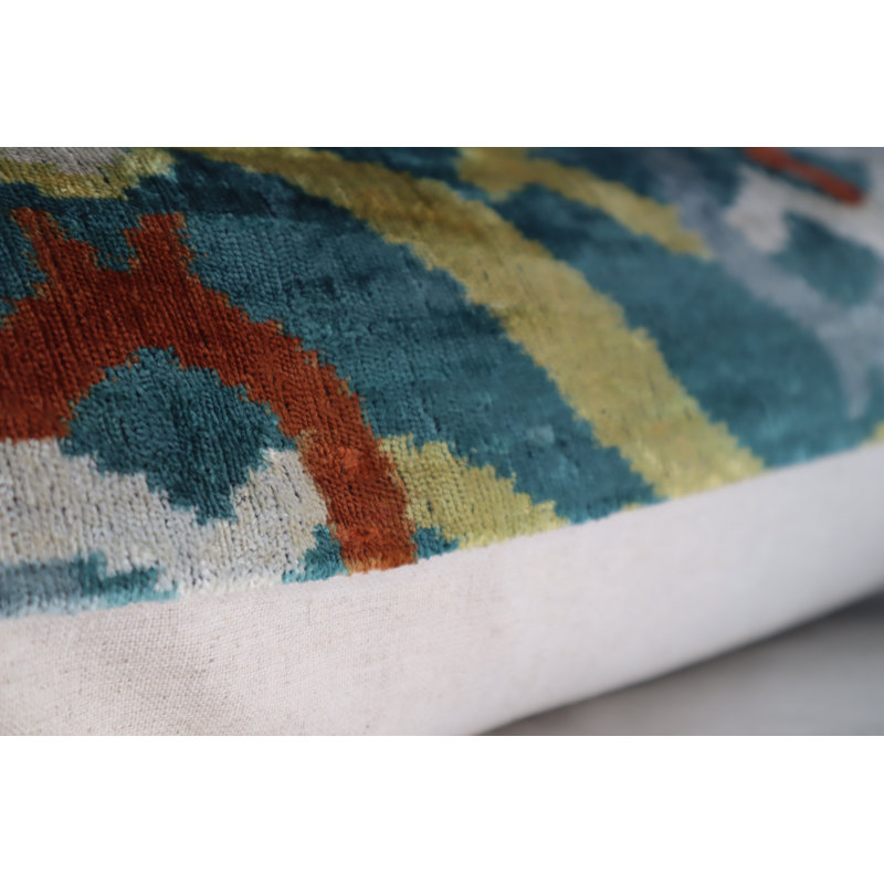 Velvet Lumbar Pillow Cover & Insert, Green/Yellow/Orange Geometric 1