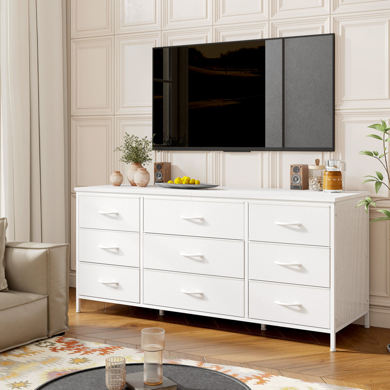 Commode télé avec commode 9 tiroirs pour chambre à coucher, commode en tissu large, Blanc