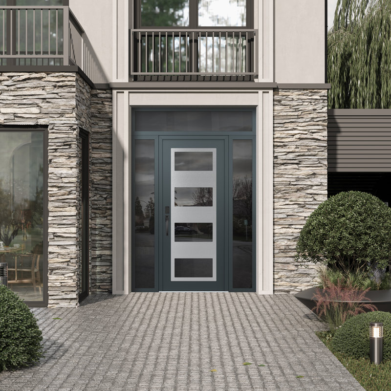 Panneau d'entrée en acier argenté anthracite / anthracite avec 2 panneaux latéraux et porte d'entrée pré-montée traverse, Oui