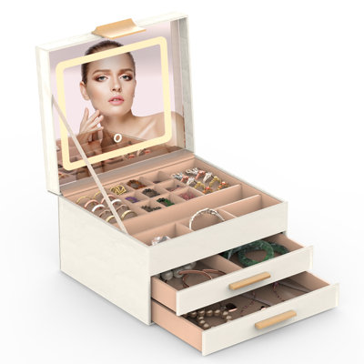 Boîte à bijoux avec miroir DEL Organisateur de bijoux à 3 couches avec 2 tiroirs Porte-bijoux en polyuréthane avec 3 couleurs de miroir à intensité variable pour boucles d'oreilles