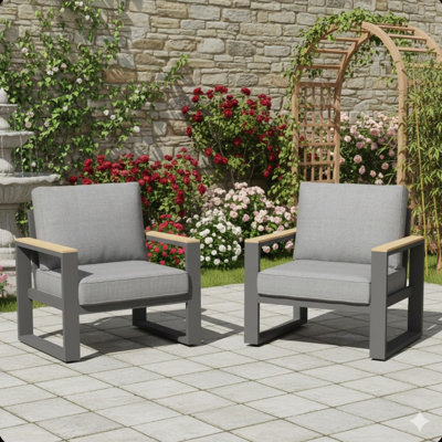 Set Of 2 26.6" All-Weather Aluminum Patio Armchairs With Thick Gray Cushions