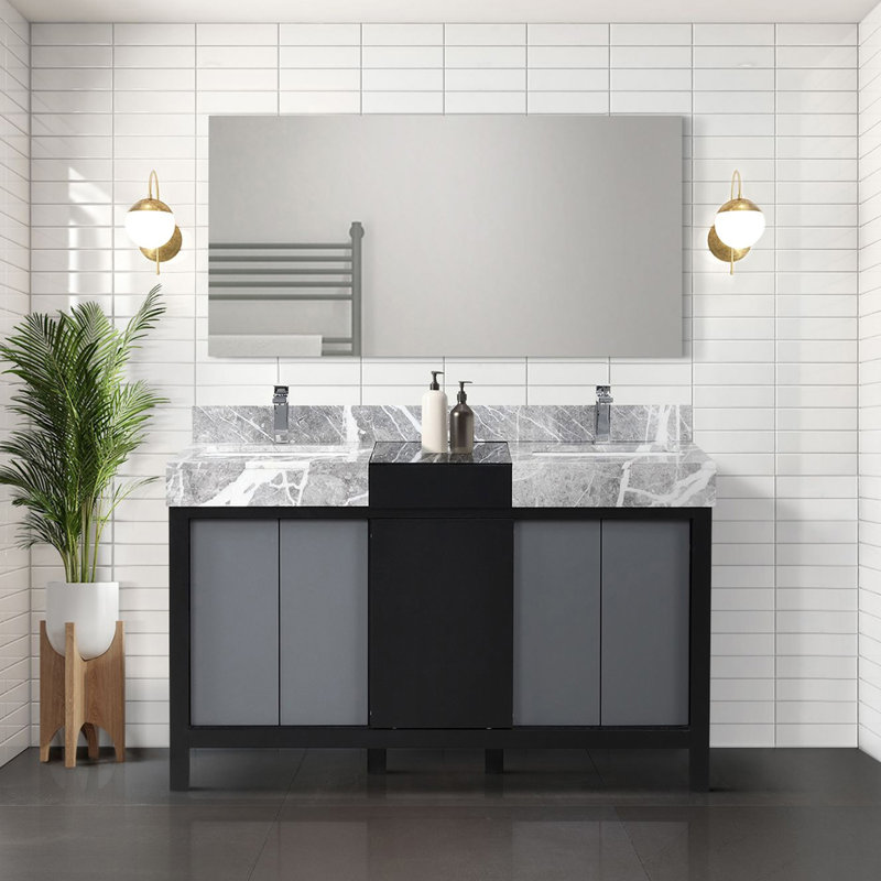 Black and Grey Double Bath Vanity 55 in. W x 22 in. D, Castle Grey Marble Top and 53 in. Mirror