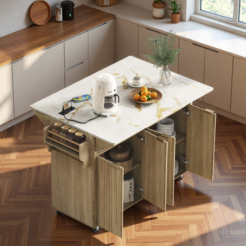 Fluted Kitchen Island With Drop Leaf, Power Outlet, Towel Rack, Spice Rack And Open Compartment, Natural/White