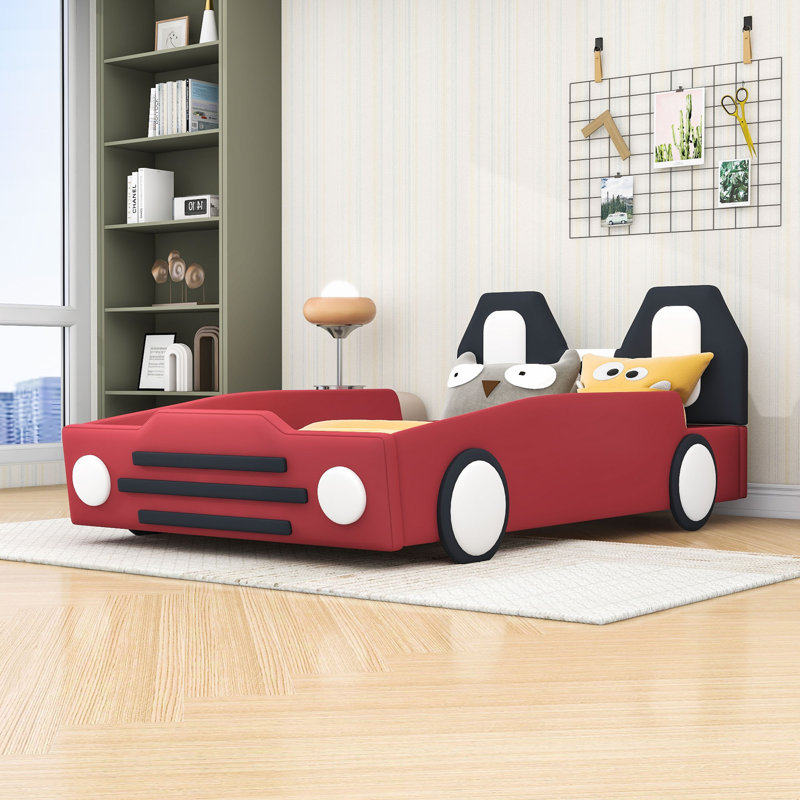Twin Wooden Car-Themed Bed With Safety Rails, Red