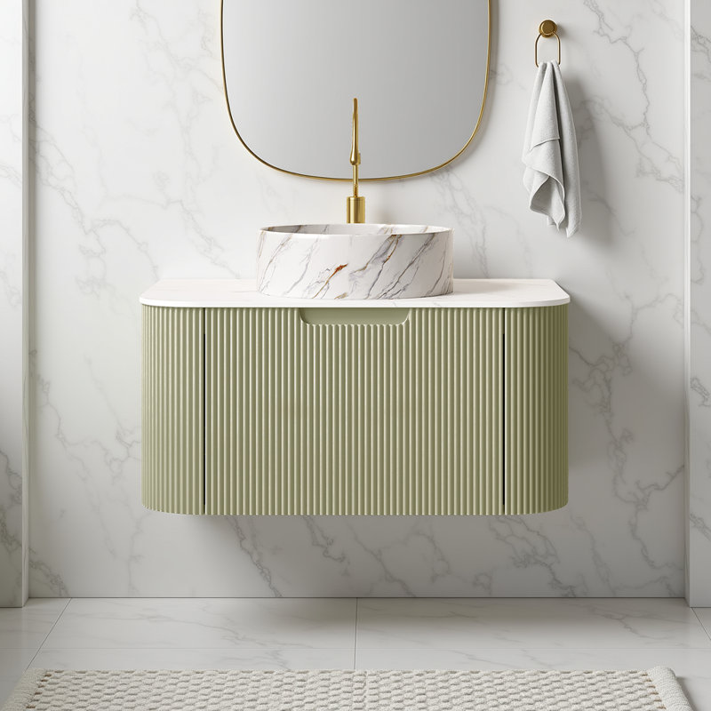 Meuble-lavabo flottant - comptoir en céramique blanche et comptoir en pierre (pré-assemblé, sans robinet), Vert, 30"