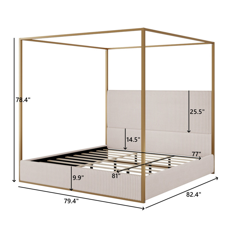 Upholstered Metal Canopy Bed, Beige/Gold, King