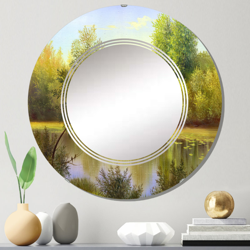Beautiful Summer River Green Landscape II - Miroir mural rond, 24 po x 24 po