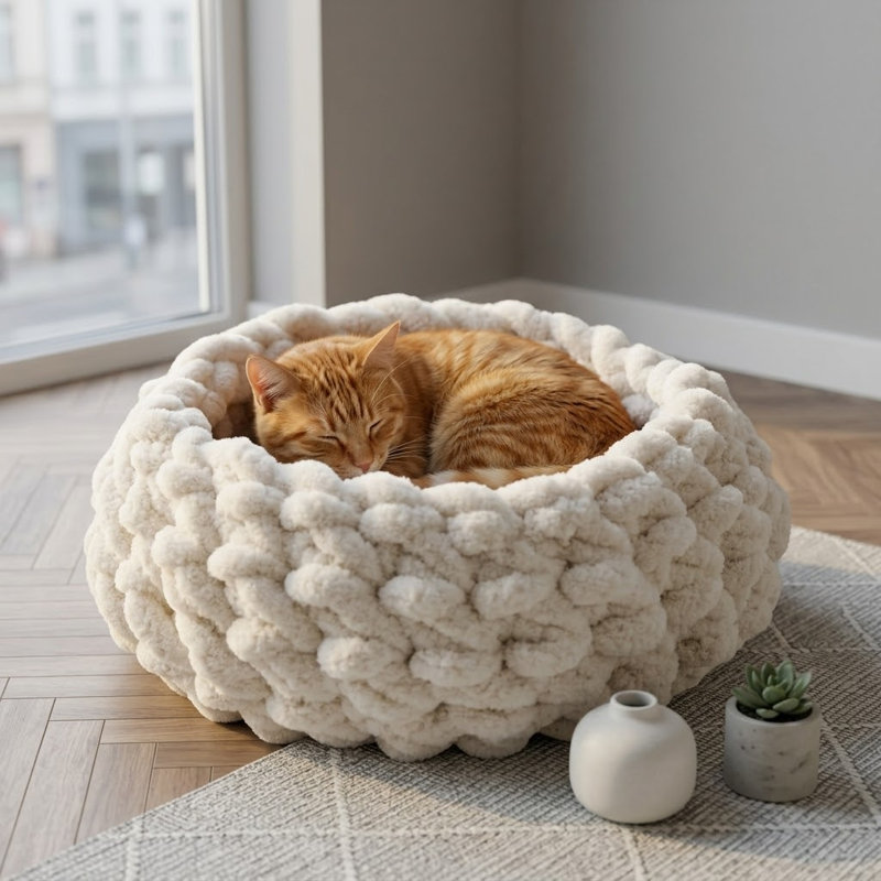 Lit gigogne pour chat - Maison grotte ronde très douce, lavable à la main, lavable à la main de première qualité pour chatons et chats d'intérieur, petites et grandes tailles, blanc nuage, moyen