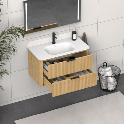 Golden Oak Fluted Bathroom Vanity with Integrated Sink and Black Hardware