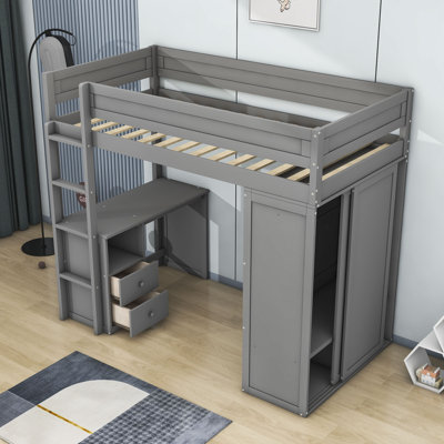Lit mezzanine en bois avec garde-robe et 2 tiroirs Clamart