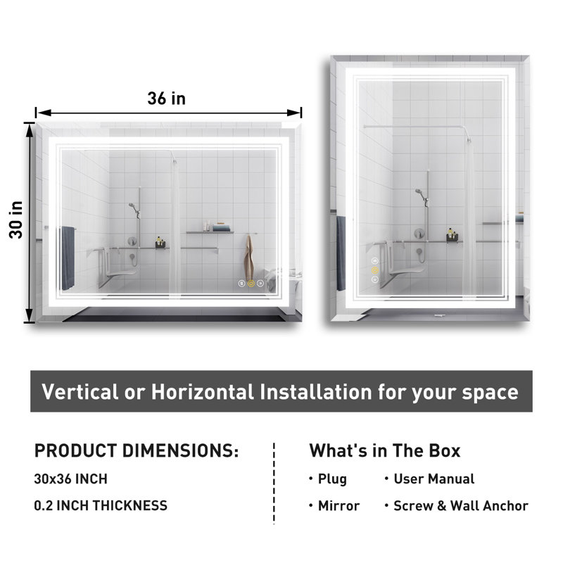 Miroir mural de salle de bain à DEL sans cadre 36 po x H 30 po avec éclairage avant et arrière, 3 lumières à intensité variable, antibuée, fonction mémoire