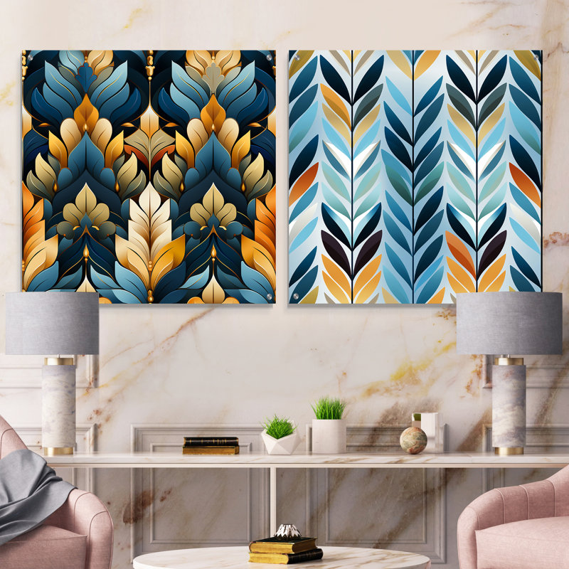 Or et bleu à motif de chevrons splendide - ensemble abstrait d'art mural en verre acrylique sur 2, H 36 po x l 73 po