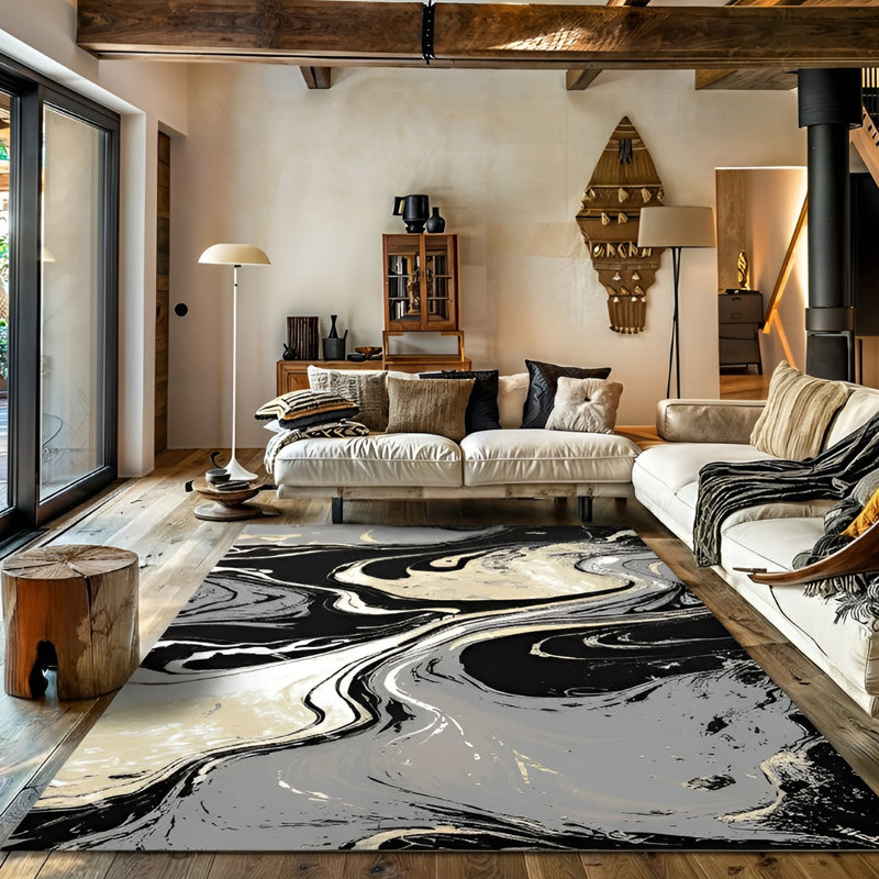 Galaxy Series Abrstract Black/Gray/Ivory/Beige Area Rug, Rectangle 5'3" x 7'3", Black