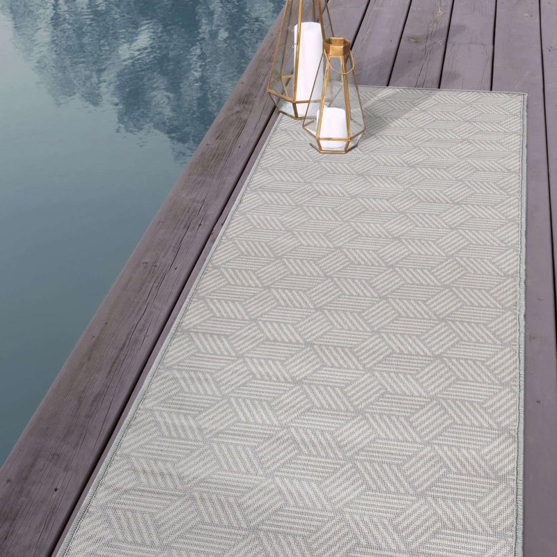 Lathisa Geometric Gray/Beige Indoor/Outdoor Area Rug, Runner 2' x 7'