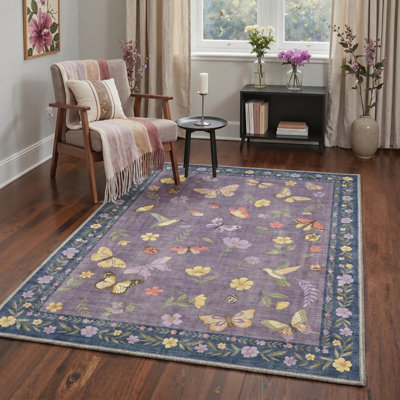 Tapis d'intérieur bleu / mauve / jaune Adonis Mirabelle lavable à la machine avec envers antidérapant