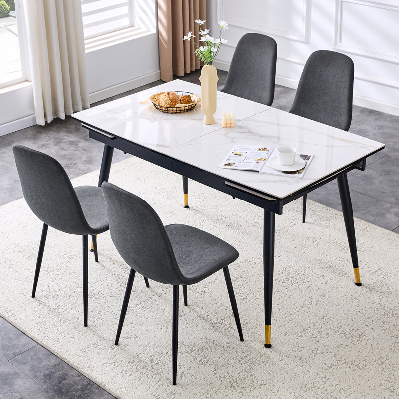 55'' - 79'' Extendable Sintered Stone Dining Table Set with Hidden Extension Leaf and Metal Legs, 5 Pieces: Table, 4 Chairs