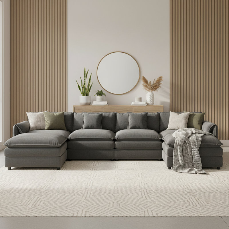 Canapé modulaire modulaire en chenille en U, grand canapé de style nuage de 145 po pour grands salons, gris foncé