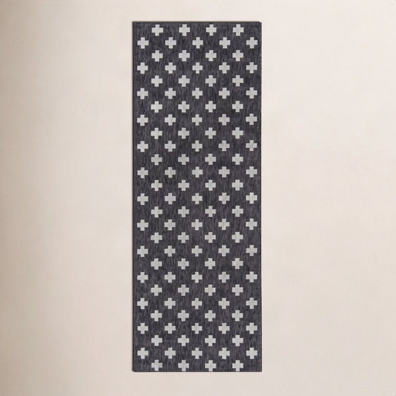 Tapis rayé intérieur / extérieur Umbria, Charcoal, Tapis de couloir 2 pi 7 po x 7 pi 6 po