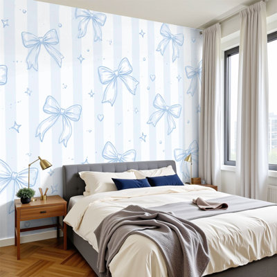 Peel and Stick Wallpaper 144" W x 100" H Modern Self Adhesive Wall Mural for Bedroom different blue bows striped seamless for baby coquette core design