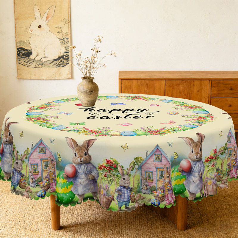 Happy Easter Bunny Tablecloth - Floral Wreath & Rabbit Printed Fabric Table Cover, Reusable Round/Rectangular Tablecloth for Easter Brunch, Holiday Party | Decorative "Happy Easter" Themed Tablecloth with Scalloped Edge, Fits Dining Tables