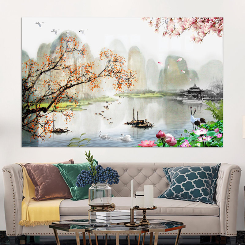 Paysage japonais moderne et moderne imprimé sur un mur suspendu en verre, idéal pour offrir, H 31,5 po x l 47,2 po
