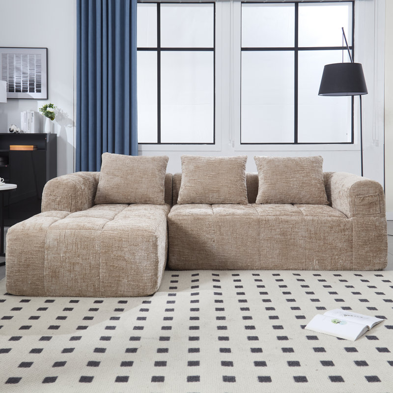 Chenille Boucle Sectional L Shape Sofa Oversized Sleeper Sofa Couch, Khaki Chenille