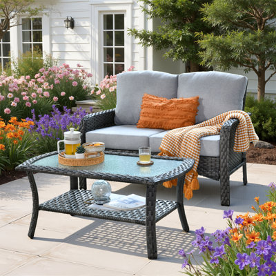 2-Piece Outdoor Loveseat Sofa and Glass Coffee Table Set