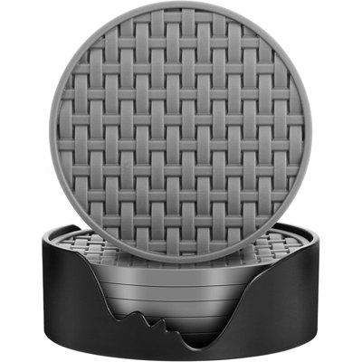 6 Pack Gray Silicone Drink Coasters with Storage Holder Non Slip Waterproof Cup Mats