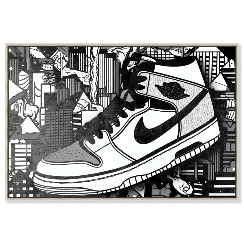 «Shiny Black City Sneaker», impressions sur toile par Notoriart, Cadre argenté, H 25 po x l 37 po