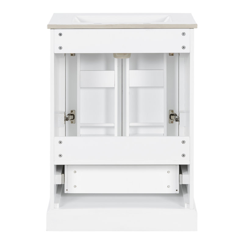 Meuble-lavabo 24 po avec lavabo, armoire en panneau de fibres à densité moyenne avec cadre en bois massif, 1 tiroir divisé et 2 portes à fermeture douce avec double tablette sur la porte, meuble-lavabo autoportant