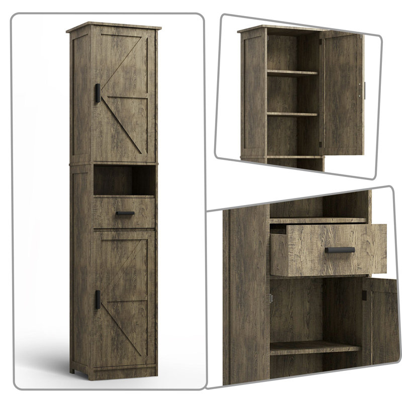 Armoire de rangement étroite de style ferme avec portes et tiroir pour salle de bain, cuisine ou entrée, Gris