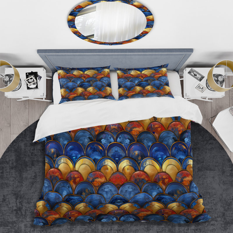 Blue Gold Geometric Retro Glam - Ensemble de housse de couette géométrique rétro