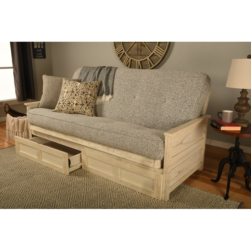 Futon double avec matelas avec rangement Emmiliano, Blanc patiné, 100% polyester gris Canton
