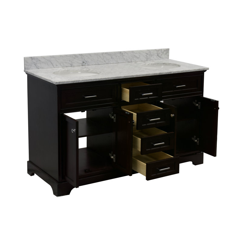 Ensemble de meuble-lavabo double 60 po Ronnie, Chocolat, Marbre de Carrare