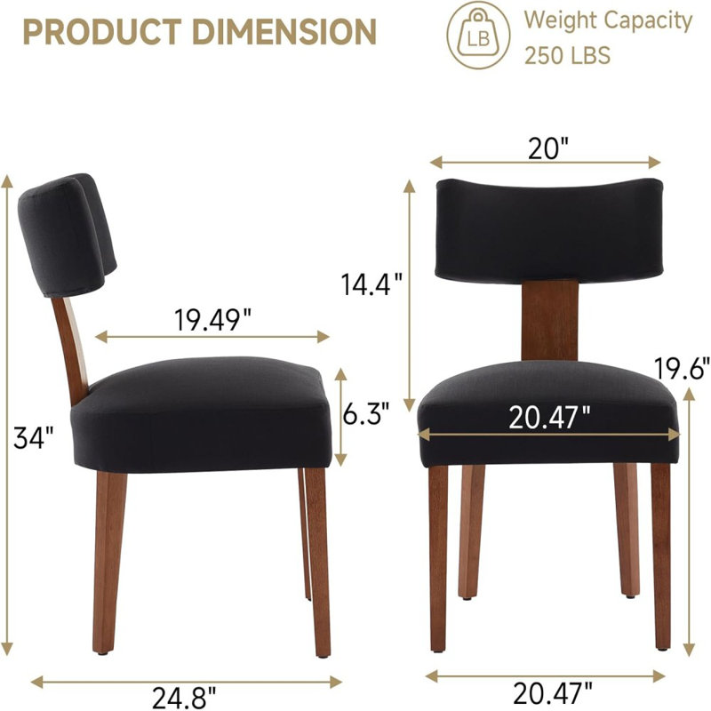 Ensemble de 2 chaises de salle à manger sans accoudoirs modernes, revêtement en lin noir avec dossier incurvé et pieds en bois massif