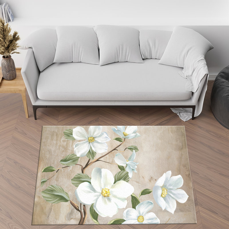 Superbe tapis non tissé à imprimé mince avec un motif floral subtil dans des tons de terre, parfait pour ajouter une touche d'élégance à n'importe quelle pièce de votre maison
