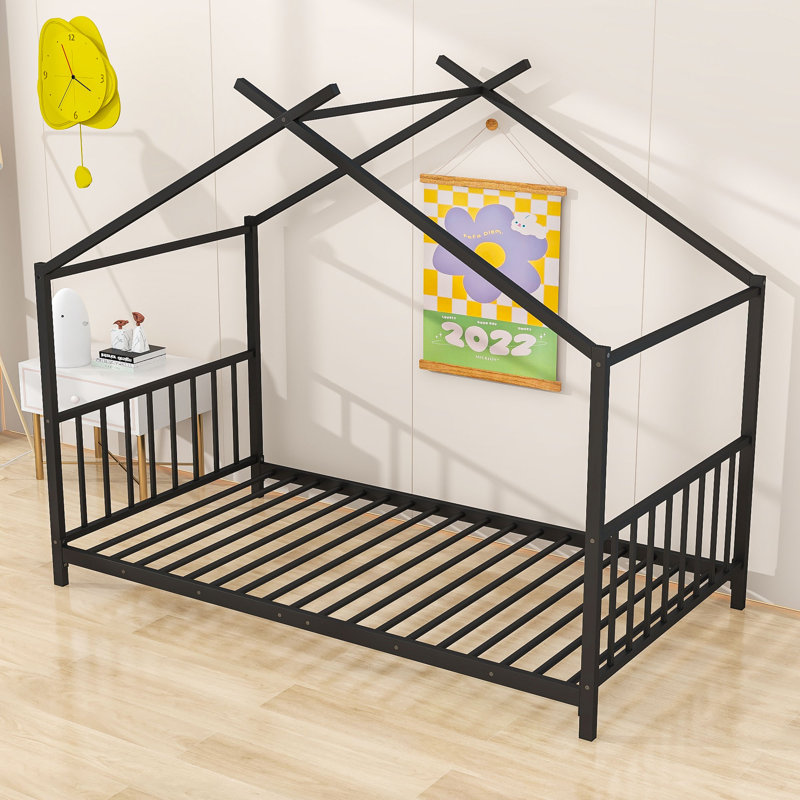 Twin Metal Platform Bed with House Roof, Black
