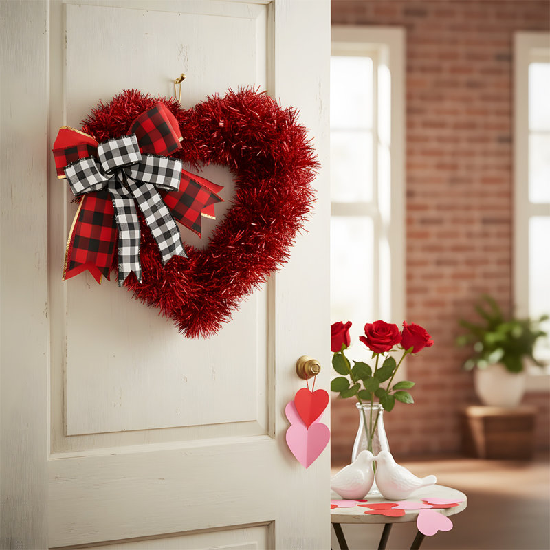 1 couronne de Saint-Valentin pour porte d'entrée, 15,7 pouces de guirlande en forme de cœur, décorations murales suspendues