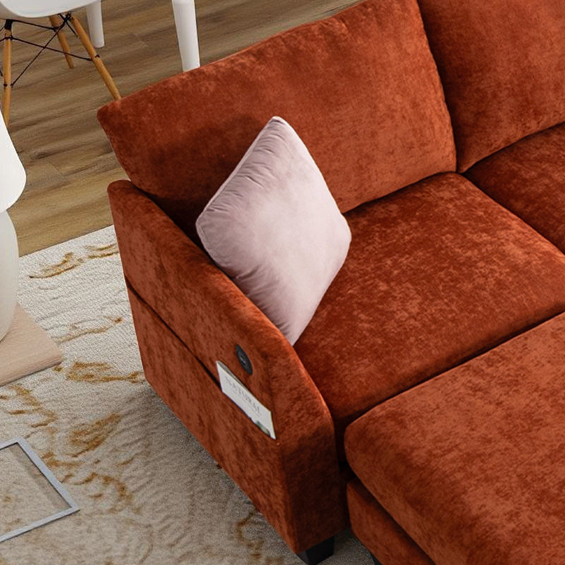 Canapé modulaire en forme de U de 124 pouces de large avec repose-pieds et ports USB, Lin orange