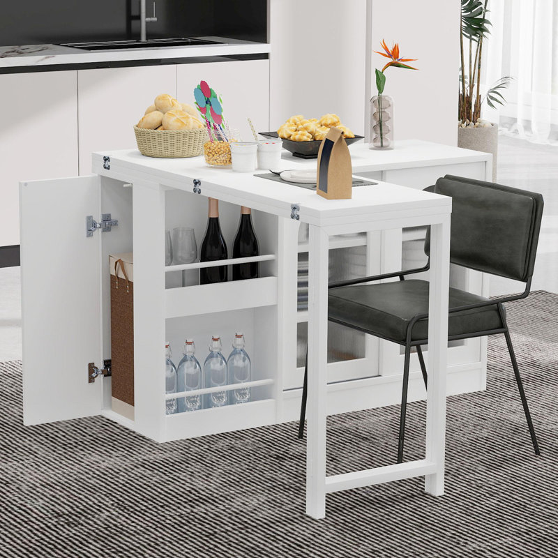 Kitchen Island With Shelves And Extendable 360° Rotating Table, White