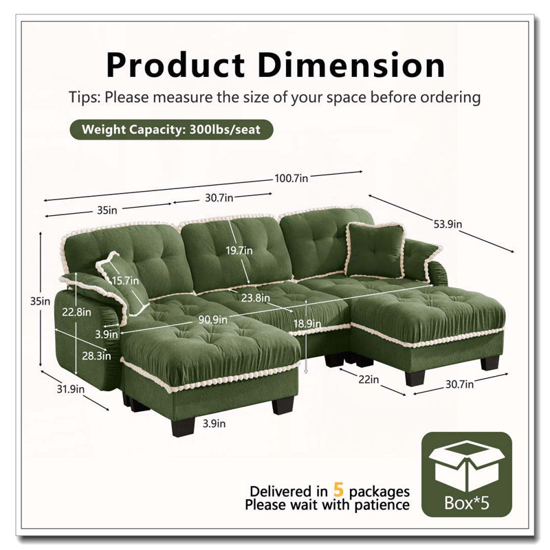 Canapé en chenille en U avec repose-pieds et 4 coussins, vert, 3 places et 2 repose-pieds, Vert