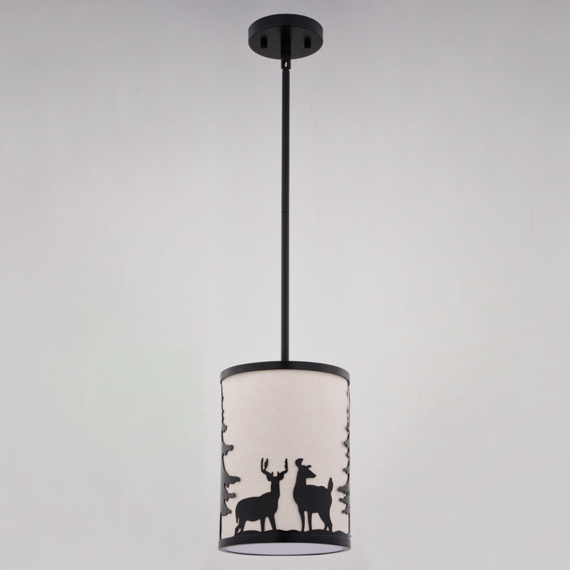 Jorene Bronze Rustic Mini Pendant Ceiling Light White Linen Shade Deer And Tree